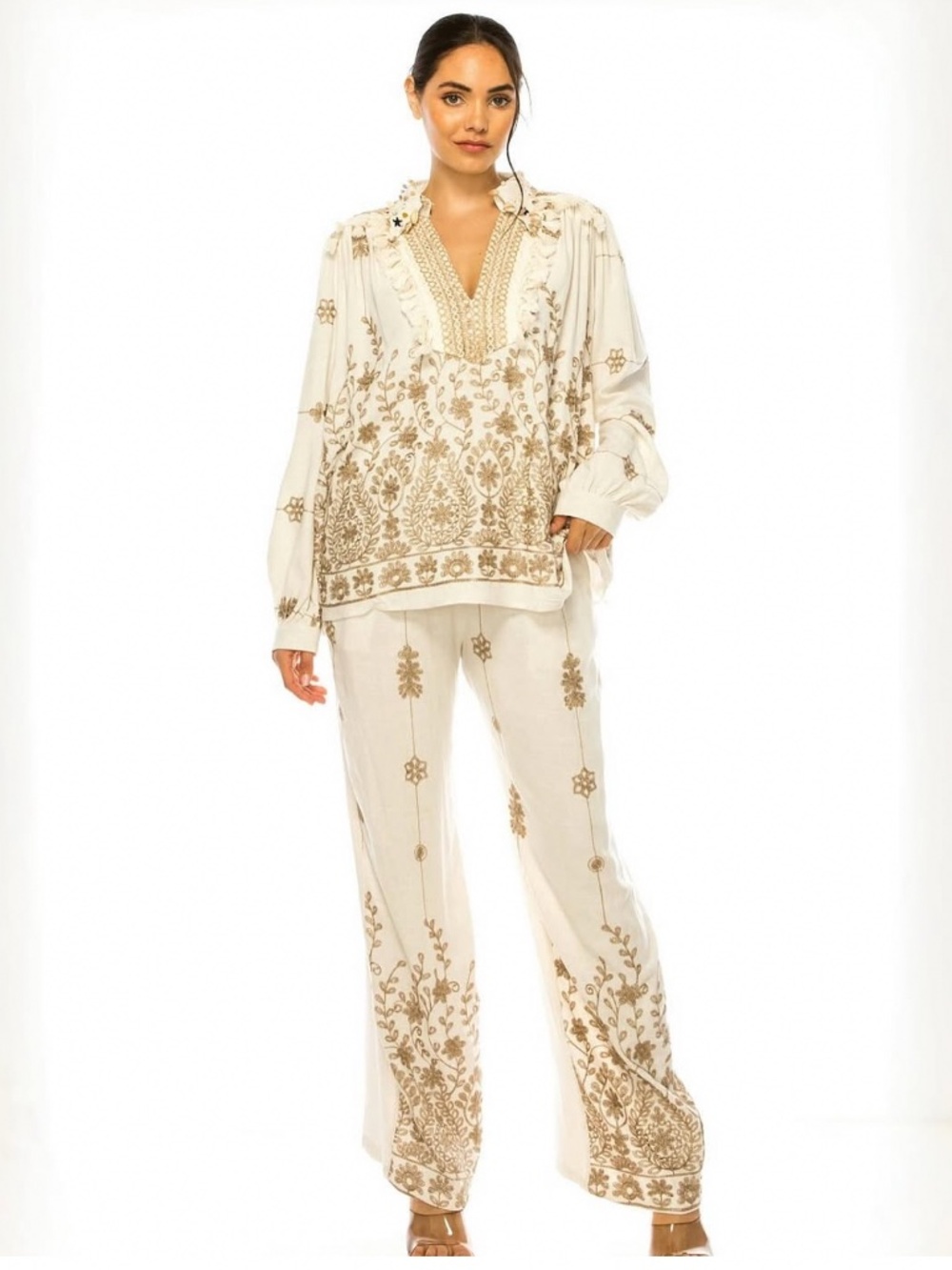 Embroidered Two-Piece Set in Ivory with gold and tan embroidery